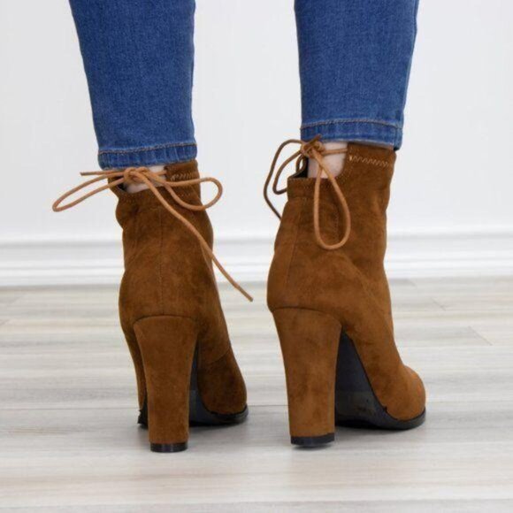 Ankle Heeled Boots High Block Heel Round Toe Tan Faux Suede High Shaft Lace Back - Picture 6 of 7